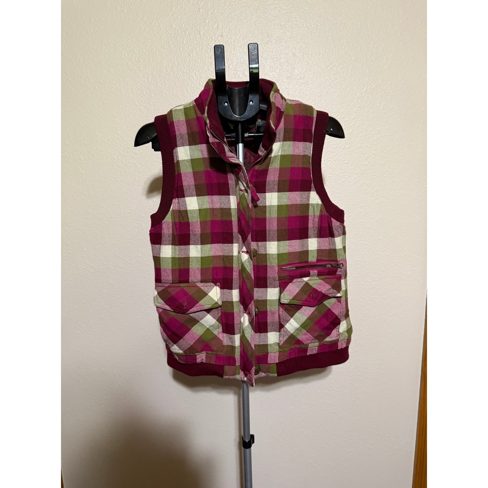 Natural Reflections Womens Plaid Puffer Vest Pink Green Check Full Zip Large